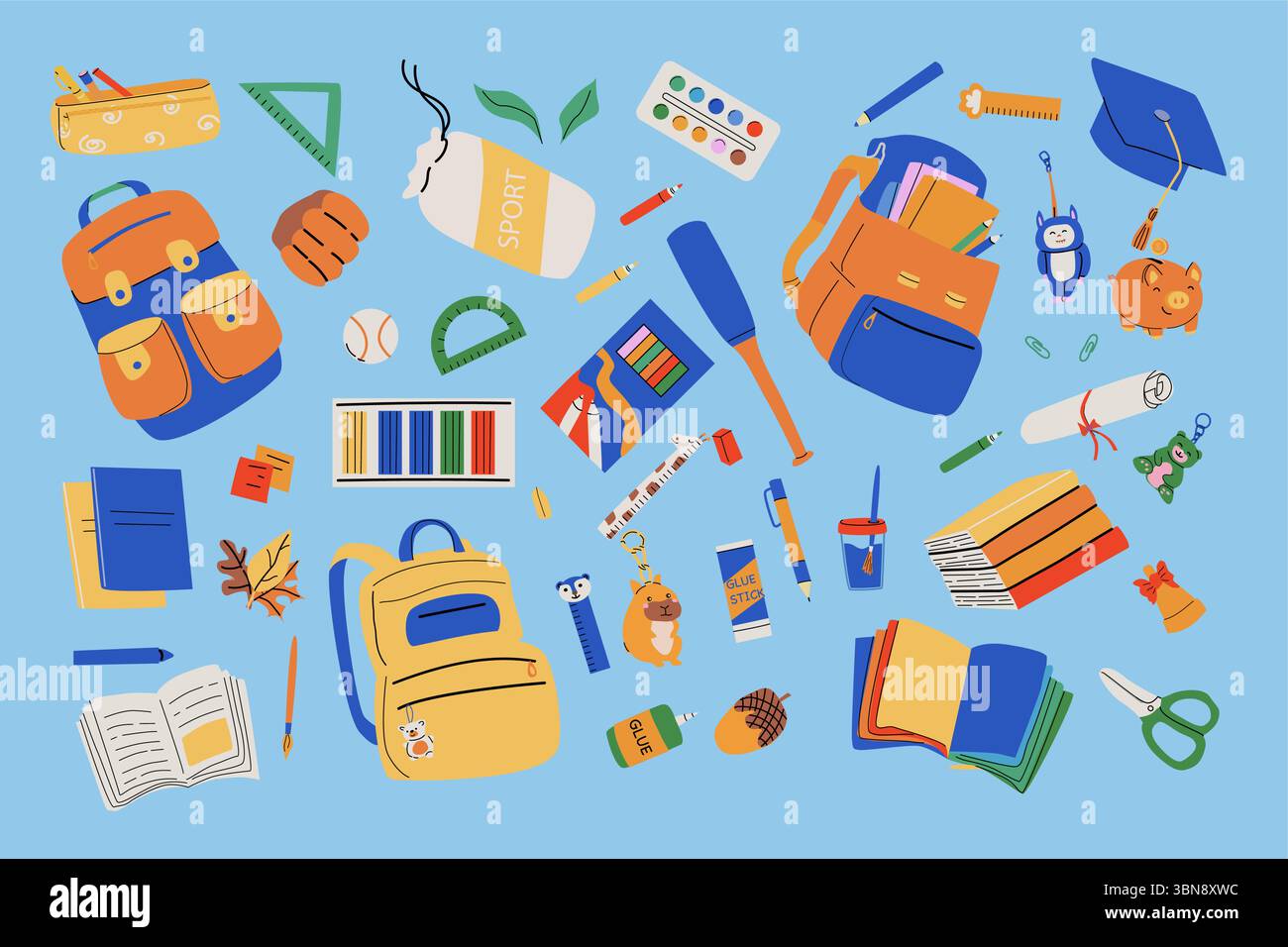 Set vettoriale di elementi colorati back-to-School: Cancelleria, forniture artistiche e accessori PE per bambini creativi e principianti e per il design del college Illustrazione Vettoriale