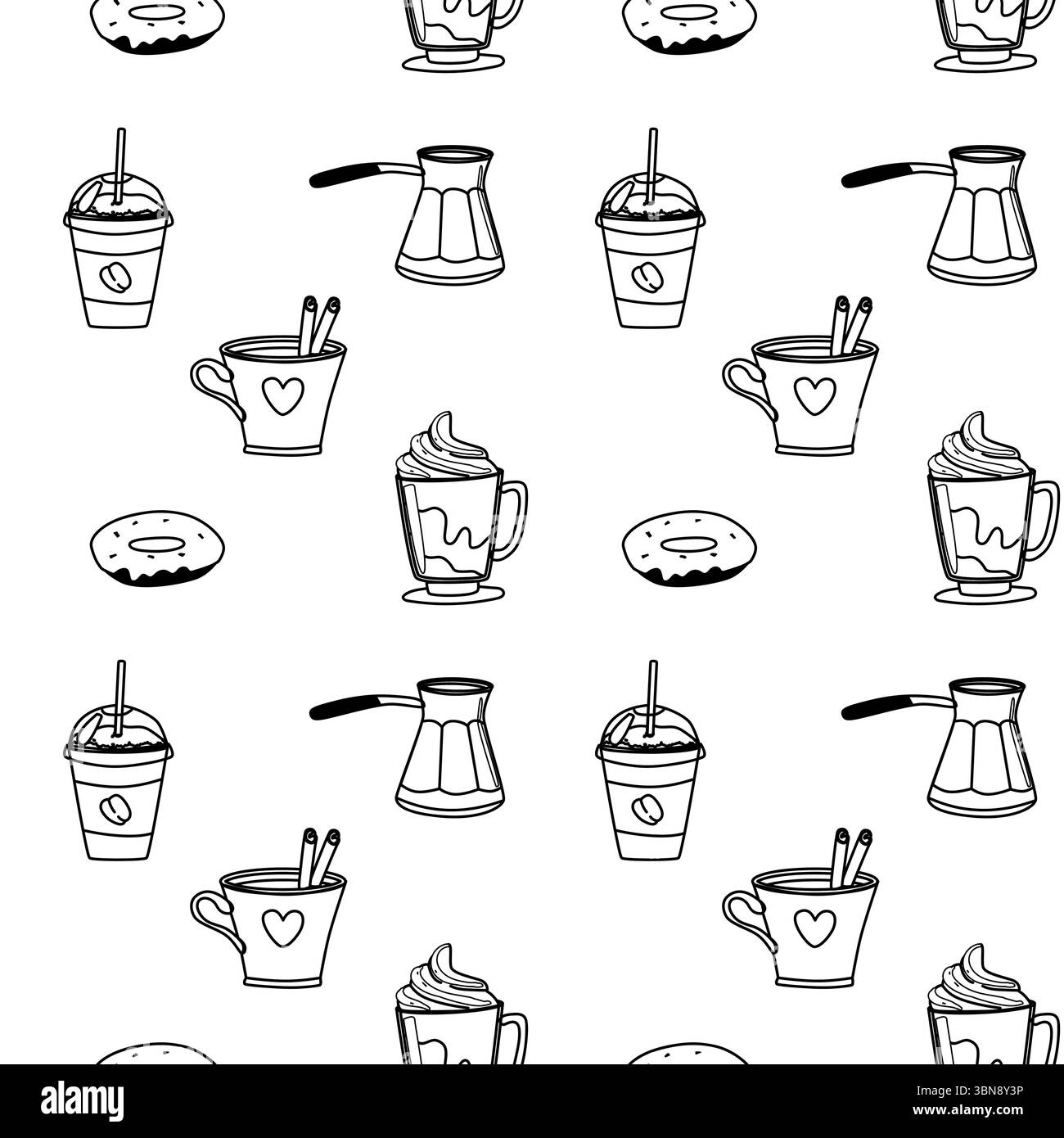 Gli amanti del caffè hanno un motivo bianco e nero con tazze tazze tazze ciambelle ed elementi da caffè. Illustrazione Vettoriale