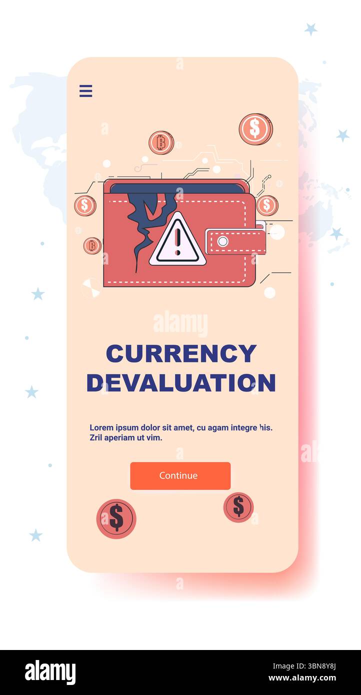 Crisi di svalutazione valutaria icona di avviso portafoglio caduta monete recessione economica schermata dell'app mobile in background astratto Illustrazione Vettoriale