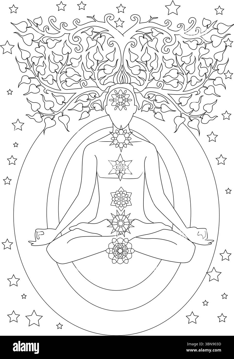 Una dettagliata illustrazione in bianco e nero che mostra una persona in una tranquilla posa meditativa, seduta in posizione di loto. La grafica presenta le funzioni di se Illustrazione Vettoriale