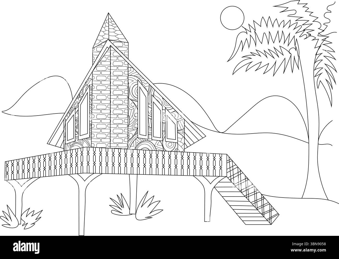 Illustrazioni dettagliate in bianco e nero di una casa fantasy unica rialzata su palafitte, caratterizzata da un tetto appuntito di rilievo, un design complesso Illustrazione Vettoriale