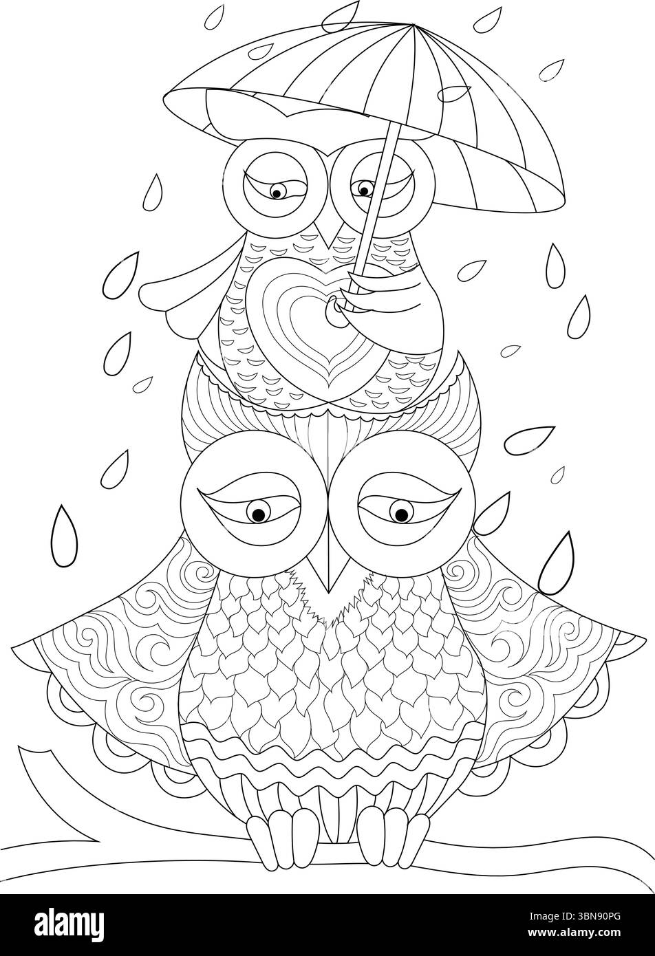 Questa illustrazione in bianco e nero raffigura una scena emozionante di due gufi dei cartoni animati. Un gufo più grande e dall'aspetto saggio siede pazientemente su un ramo, wh Illustrazione Vettoriale