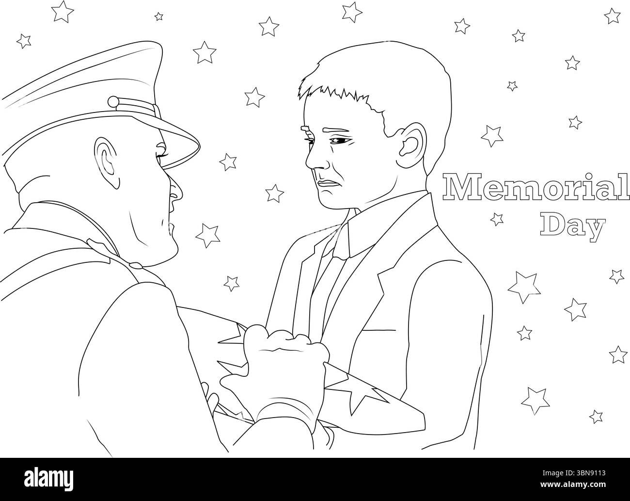 Una commovente illustrazione d'arte in linea bianca e nera che raffigura un momento solenne di ricordo per il Memorial Day. L'immagine presenta un esercito in uniforme di Illustrazione Vettoriale