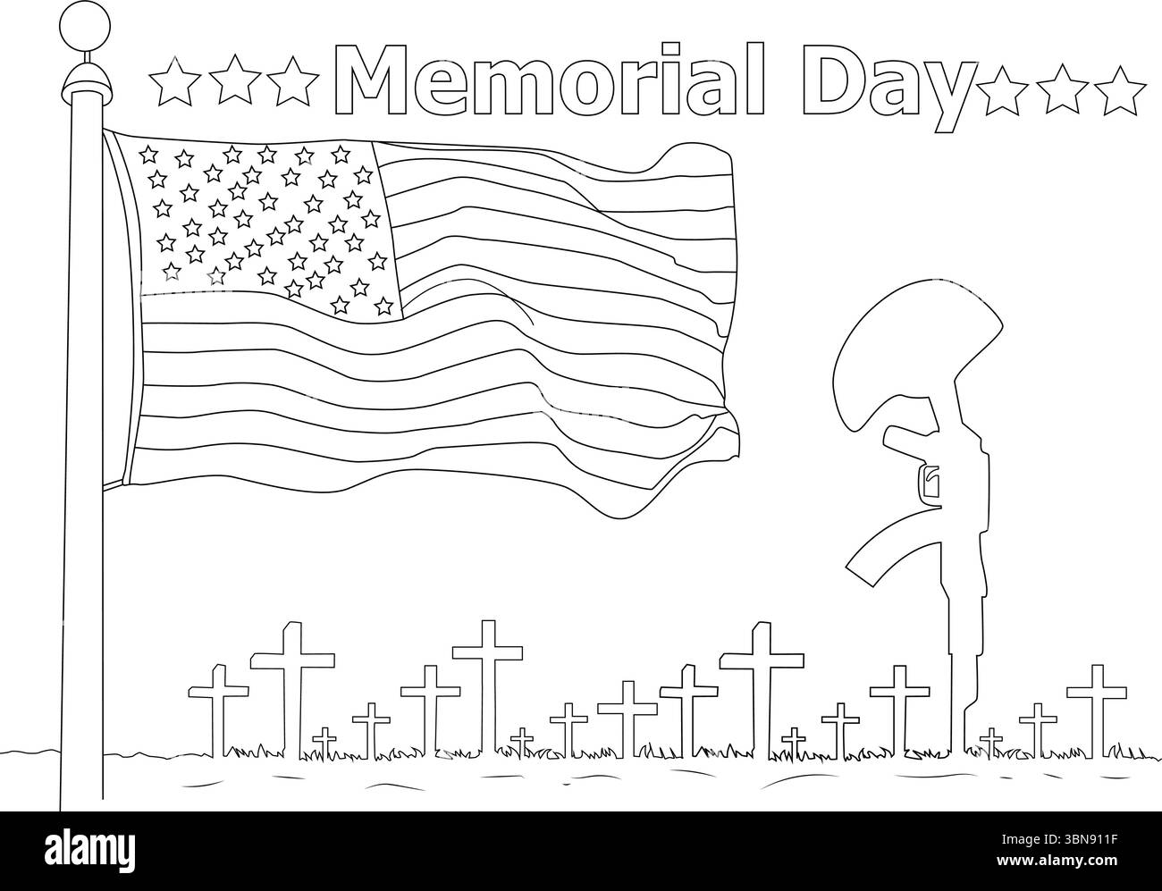 Una potente illustrazione in bianco e nero che commemora il Memorial Day. L'immagine presenta una prominente bandiera americana che sventola su un palo, accompagnatore Illustrazione Vettoriale