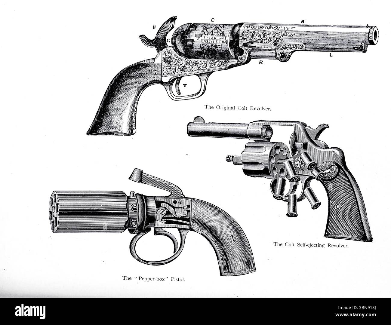 Colt revolver, Colt revolver auto-eiettante, Pepper-Box Pistol da ' The Gun and ITS Development' di Greener, W. W. (William Wellington) data di pubblicazione 1897 Foto Stock