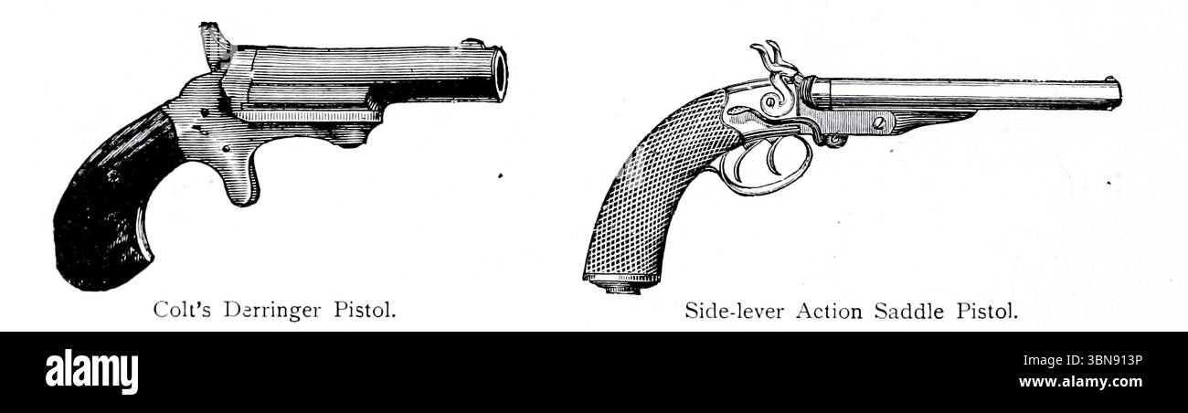Colt e' Derringer Pistol. [Left] Side-Lever Action Saddle Pistol from " The Gun and ITS Development " di Greener, W. W. (William Wellington) data di pubblicazione 1897 Foto Stock
