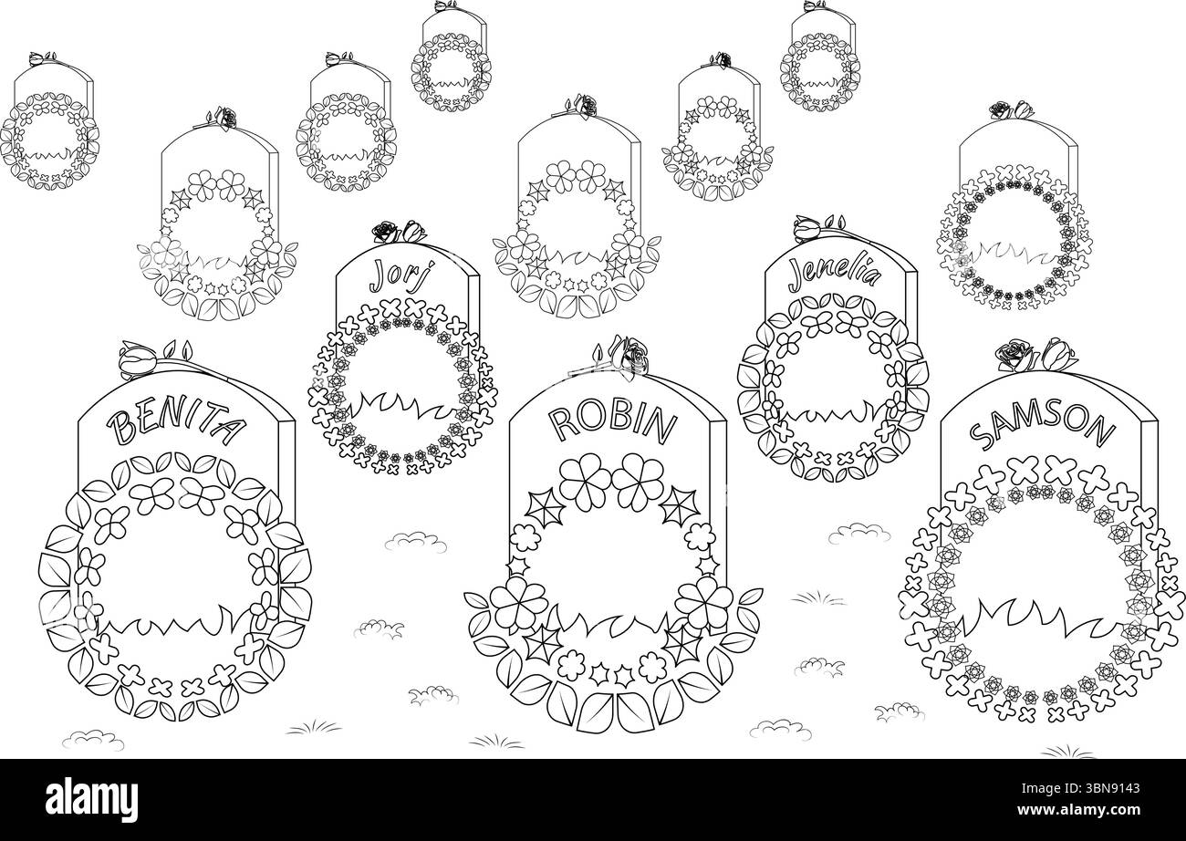 Questa commovente illustrazione a linee bianche e nere presenta diverse lapidi, alcuni con nomi come Benita, Robin, Samson, Jorj e Jenelia, e Illustrazione Vettoriale