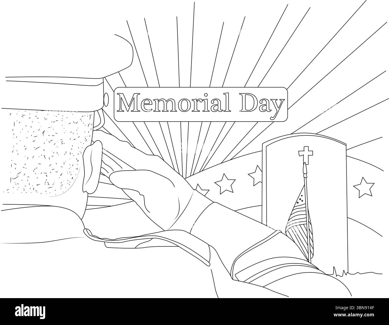 Una potente e toccante illustrazione di linee per il Memorial Day. Il disegno in bianco e nero raffigura una scena cupa con una figura in stile militare Illustrazione Vettoriale