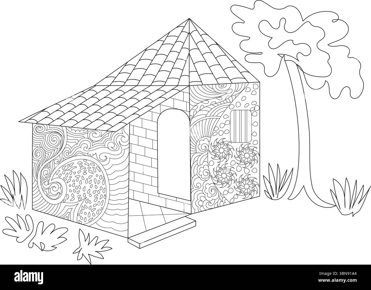 Un'illustrazione in bianco e nero che raffigura una casa stilizzata medievale o fantasy. L'abitazione ha un distinto tetto piastrellato, un ingresso ad arco, un Illustrazione Vettoriale