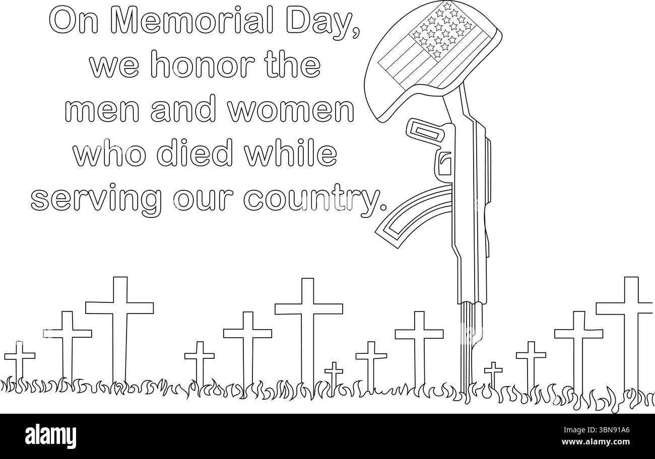 Un'emozionante illustrazione in bianco e nero dedicata al Memorial Day, che raffigura un profondo rispetto e gratitudine per i soldati caduti. L'immagine Illustrazione Vettoriale