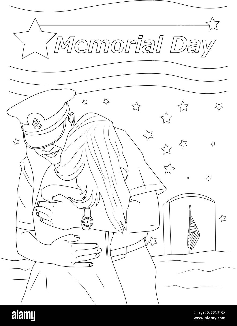 Illustrazione in linea bianca e nera per il Memorial Day, con un profondo abbraccio tra un militare in uniforme e un civile, a cui è stato sottoposto Illustrazione Vettoriale