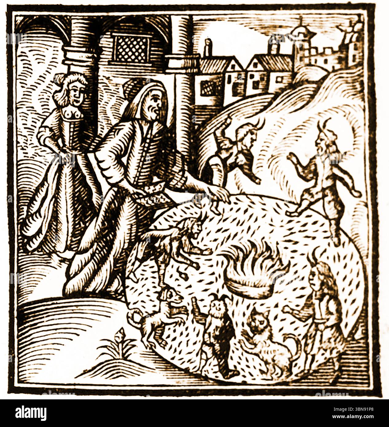 Arti oscure e stregoneria - Una strega e uno stregone che evocano demoni Foto Stock