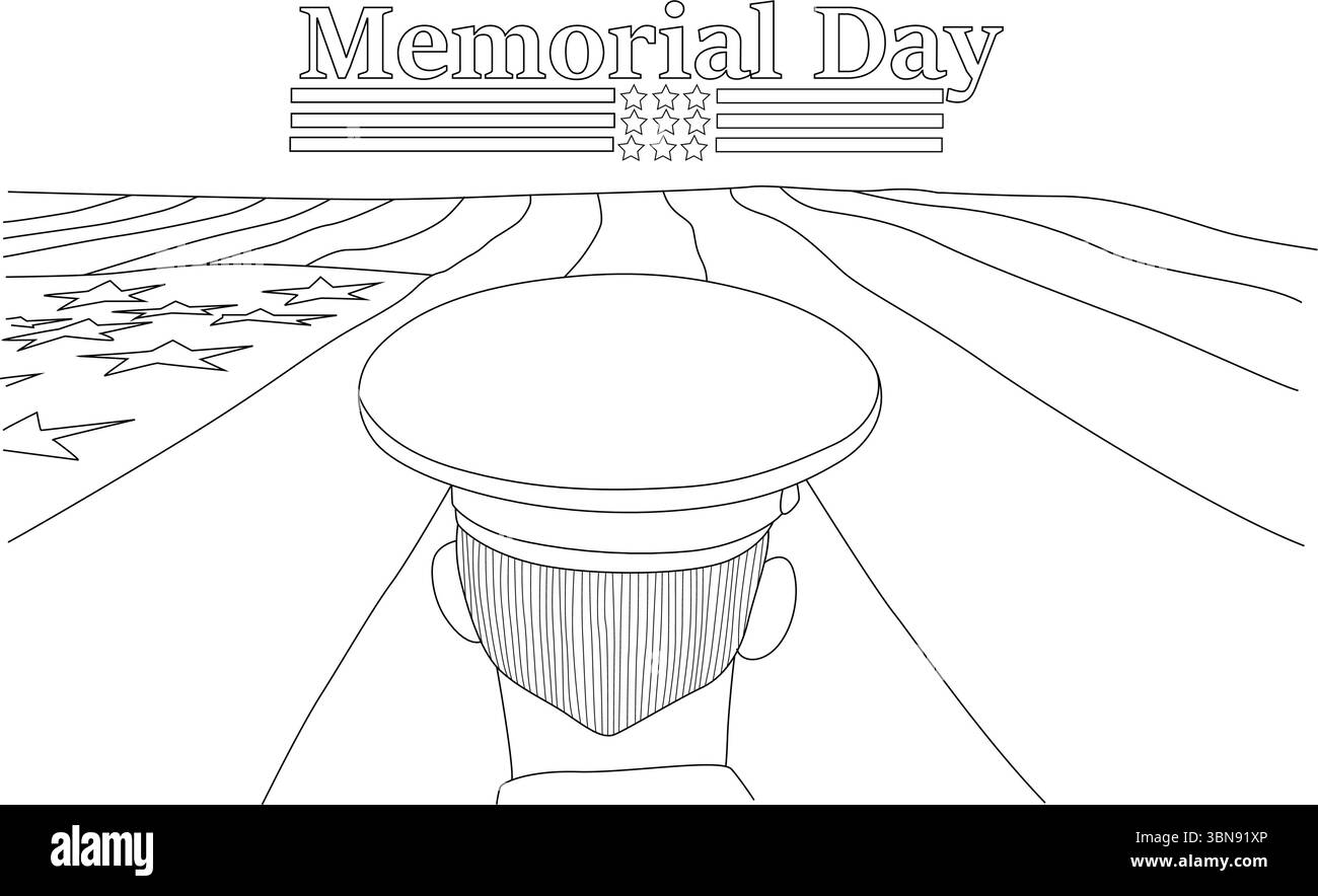 Illustrazione in bianco e nero con linee vettoriali per il Memorial Day, con una vista posteriore di un militare o di un ufficiale, osservando con rispetto una stilizzata Illustrazione Vettoriale