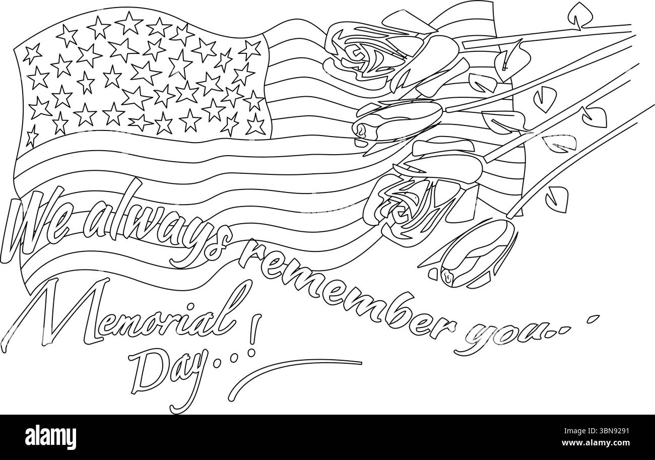 Una simpatica illustrazione in linea dedicata al Memorial Day, con una bandiera americana che sventola graziosamente e tre rose classiche, accompagnate da Illustrazione Vettoriale