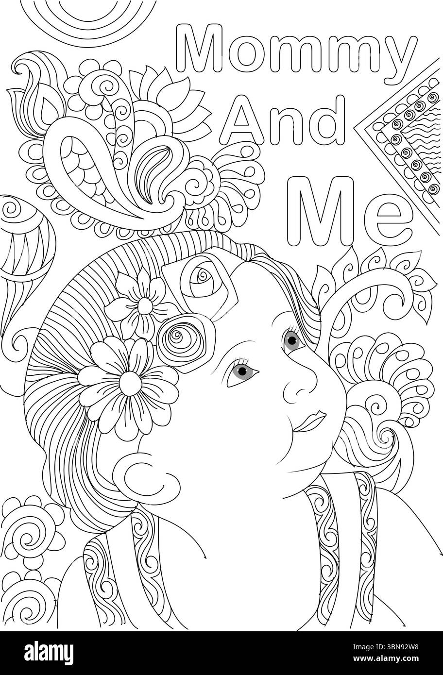 Un'affascinante illustrazione in bianco e nero per una pagina da colorare, con un dolce bambino con il testo di spicco Mamma e me. Il design è arricchito Illustrazione Vettoriale