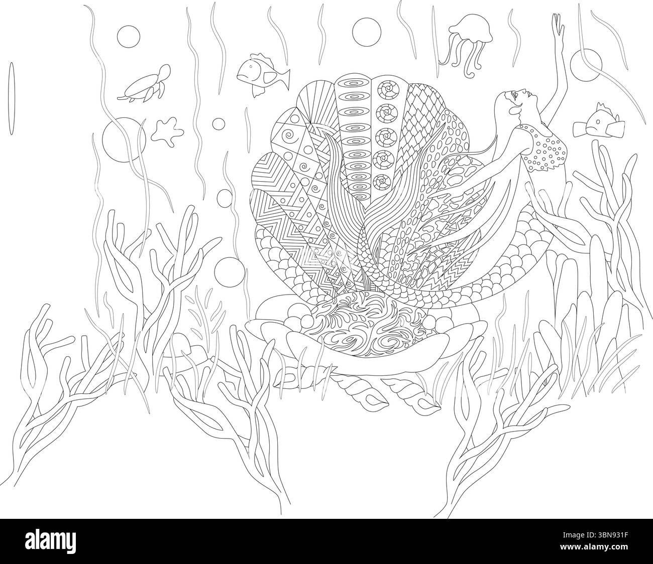 Dettagliate illustrazioni a linee bianche e nere caratterizzate da una maestosa sirena con capelli fluenti e una coda a fantasia, che si innalza da una S decorata in modo elaborato Illustrazione Vettoriale