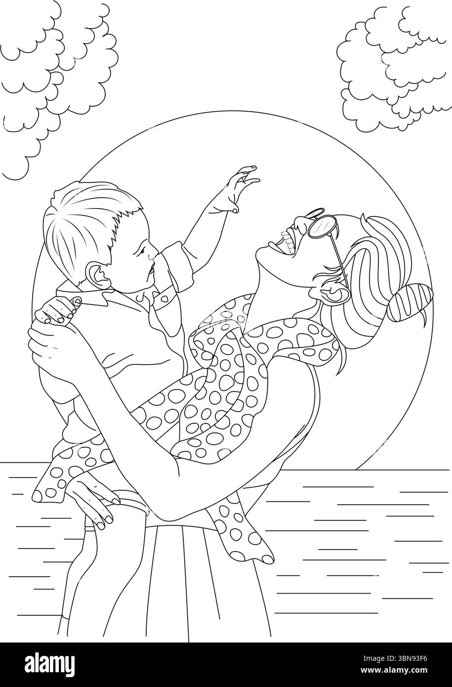 Questa affascinante illustrazione in bianco e nero raffigura una madre che tiene il bambino in un gioioso ambiente all'aperto, magari vicino all'acqua o in un parco Illustrazione Vettoriale