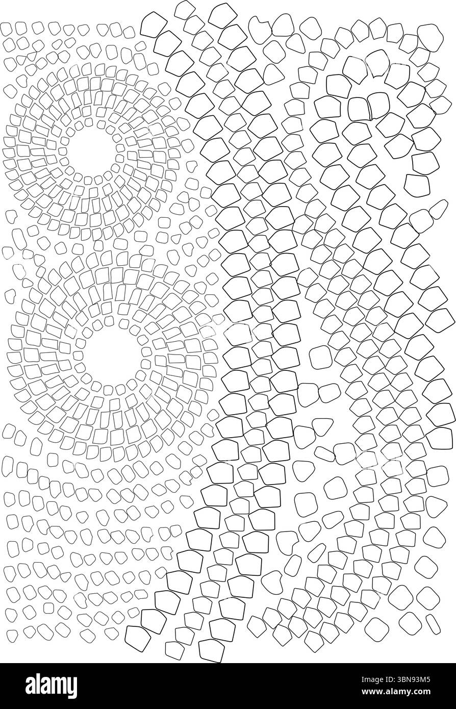 Un'illustrazione monocromatica e astratta vettoriale che mostra diversi motivi a mosaico. Il design è caratterizzato da una combinazione di strutture rettangolari/quadrate a spirale Illustrazione Vettoriale