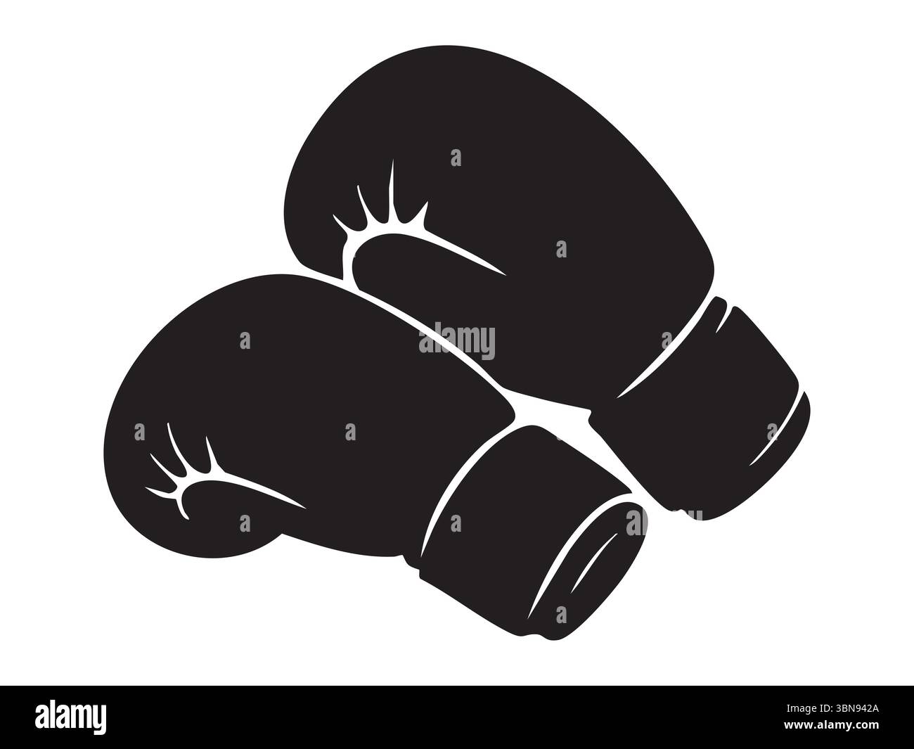 Silhouette nera di guanti da boxe isolati su sfondo bianco, illustrazione grafica. concetto di attrezzature sportive, arti marziali, fitness, logo, icona, Illustrazione Vettoriale