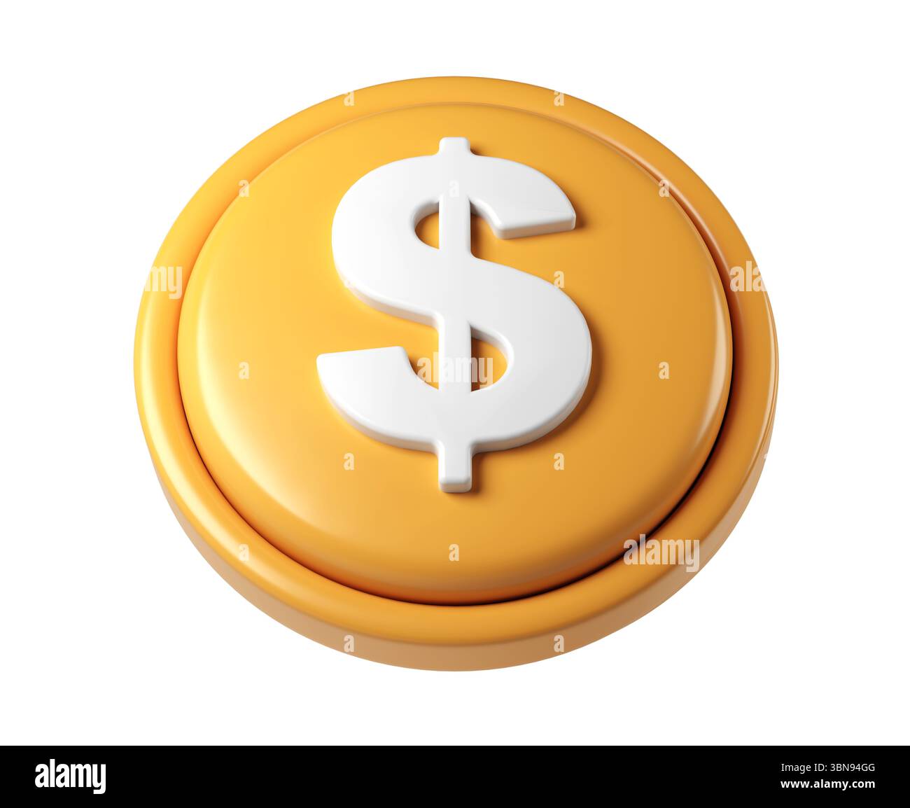 icona di rendering 3d di una grande moneta finanziaria dorata che mostra un simbolo del dollaro bianco, isolata su sfondo trasparente Foto Stock
