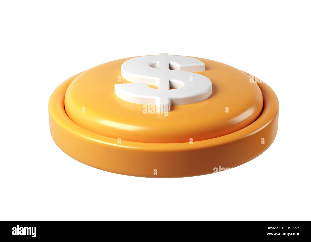 icona di rendering del denaro 3d di una grande moneta finanziaria dorata che mostra un simbolo del dollaro bianco, isolato su sfondo trasparente Foto Stock