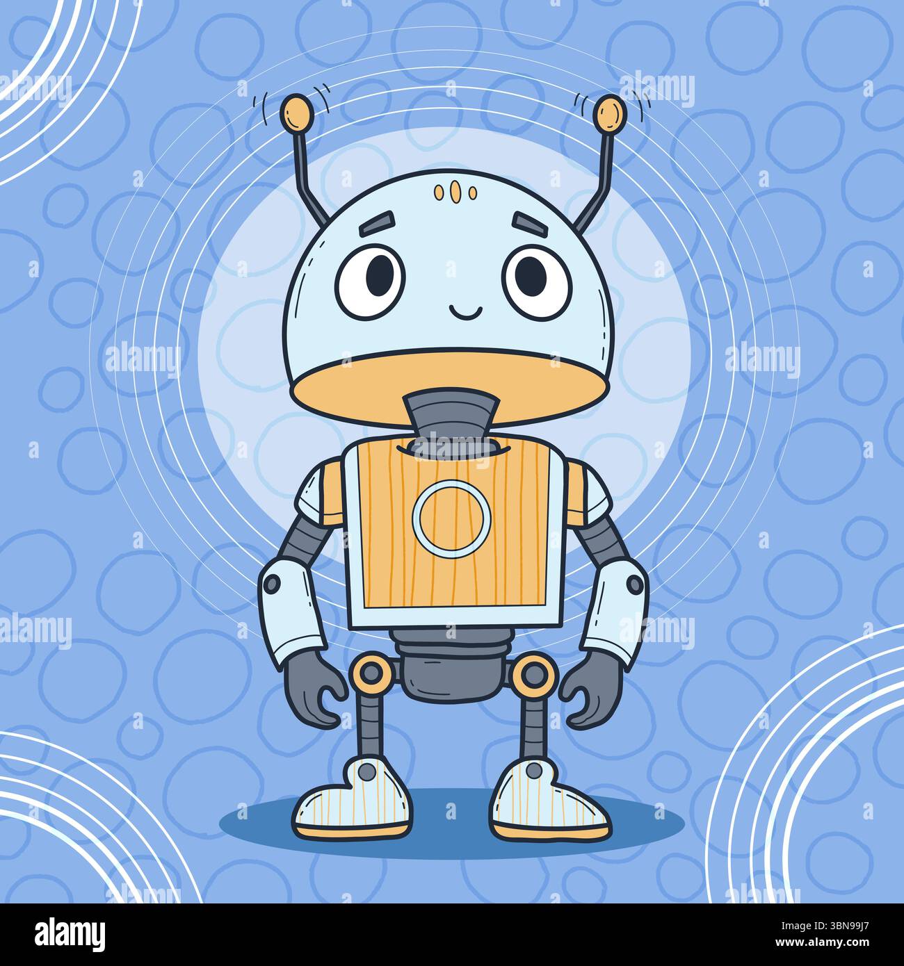 Robot futuristico e carino. Mascotte Virtual Technology Assistant. Illustrazione vettoriale. Disegno a mano a colori. Personaggio avatar per supporto tecnico e sicurezza Illustrazione Vettoriale