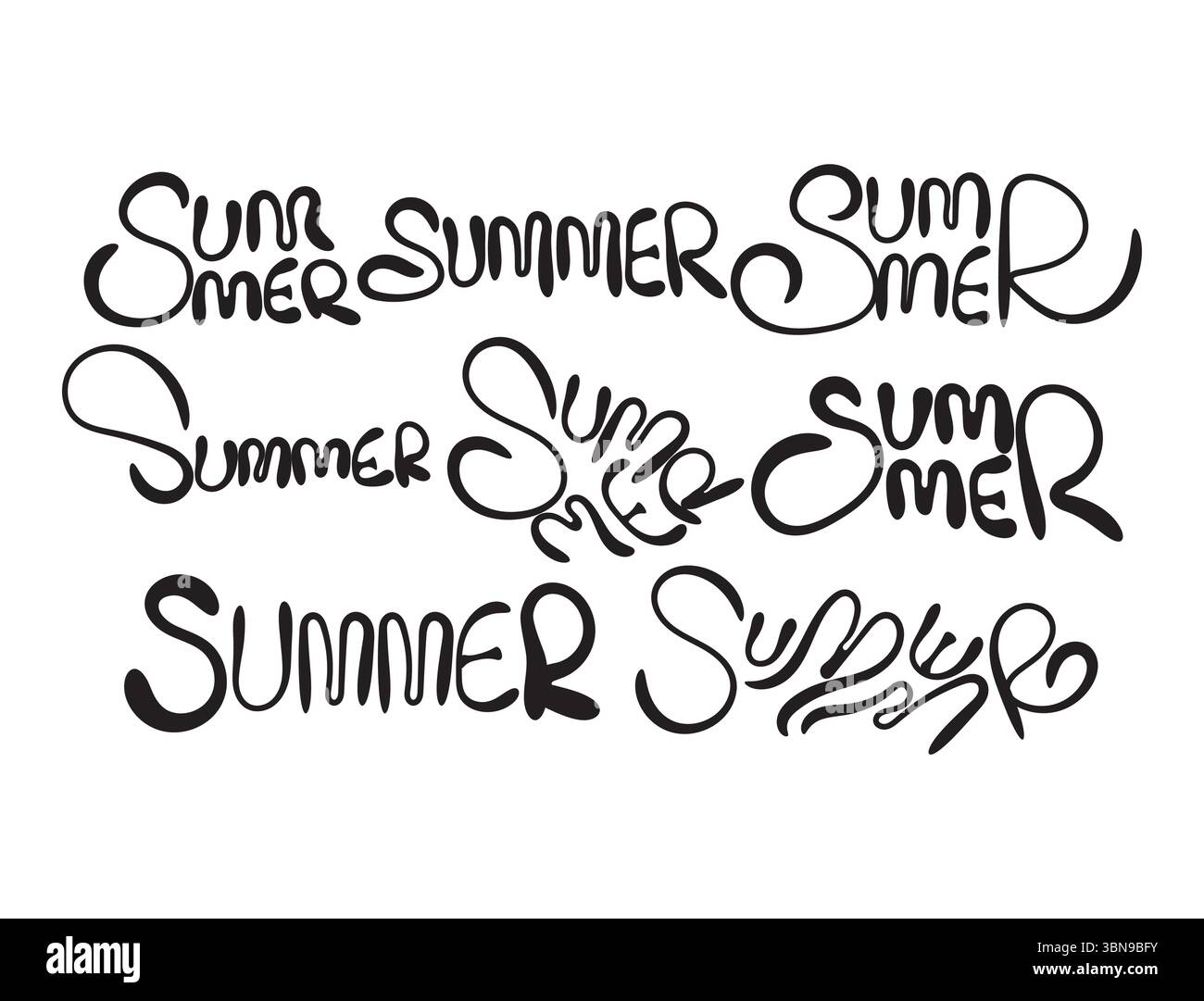 Un set creativo di disegni scritti a mano "Summer" in diversi stili unici, che mostrano una tipografia divertente, audace ed espressiva in nero su una Illustrazione Vettoriale