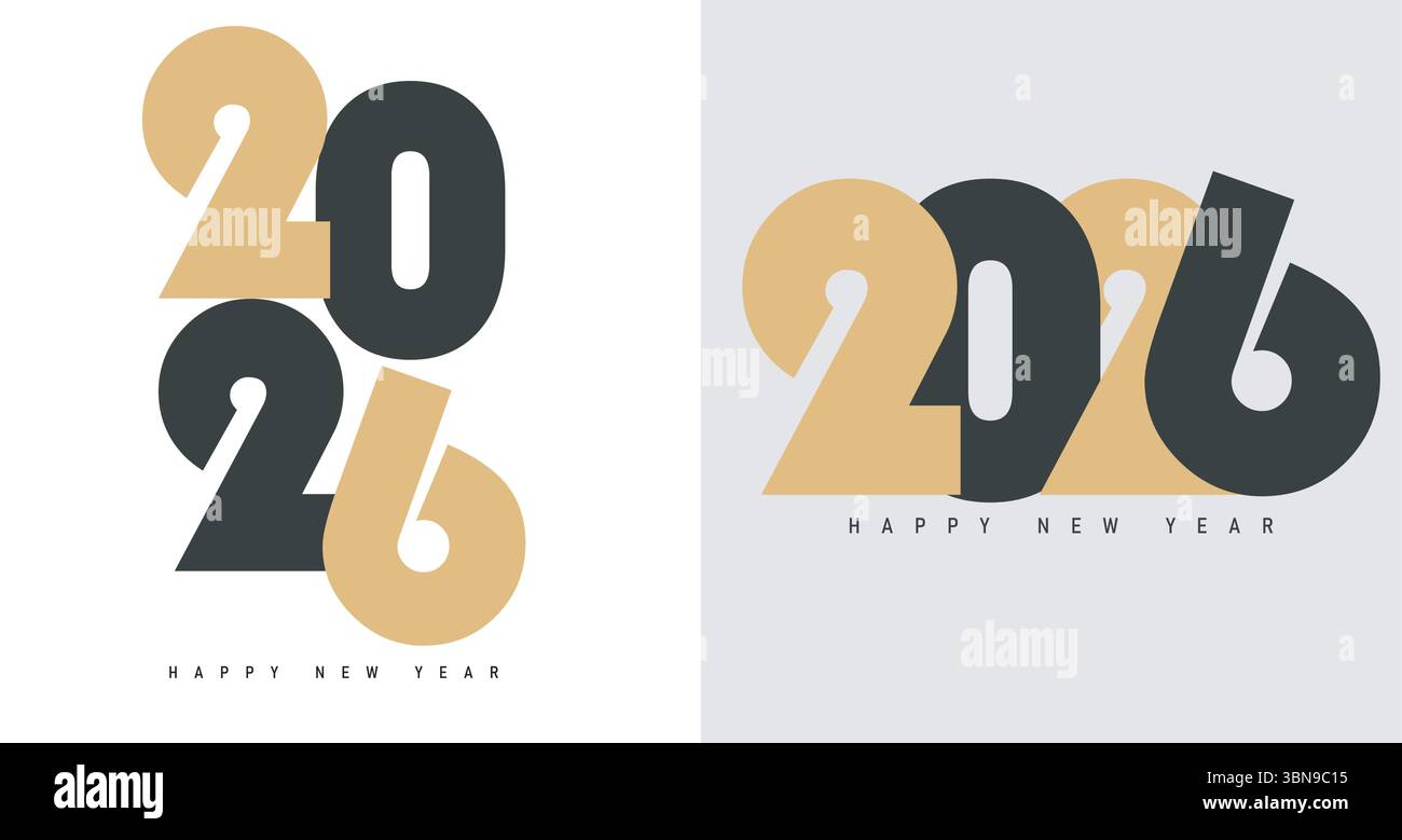 Elegante set vettoriale Capodanno 2026 con moderna tipografia in nero e oro. Perfetto per schede, banner e design natalizi con una a essenziale e minimalista Illustrazione Vettoriale