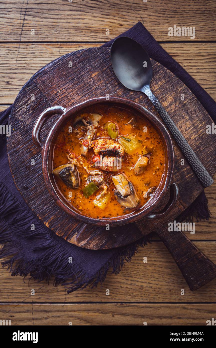 Zuppa di pizza con verdure, funghi e carne macinata, minestrone Foto Stock