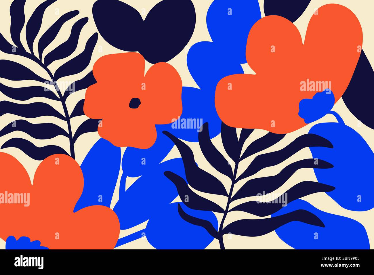 Fiori rossi disegnati a mano, foglie di palma blu e sfondi beige. Papavero astratto e foglie tropicali in stile matisse art. Grafica vettoriale primitiva Illustrazione Vettoriale