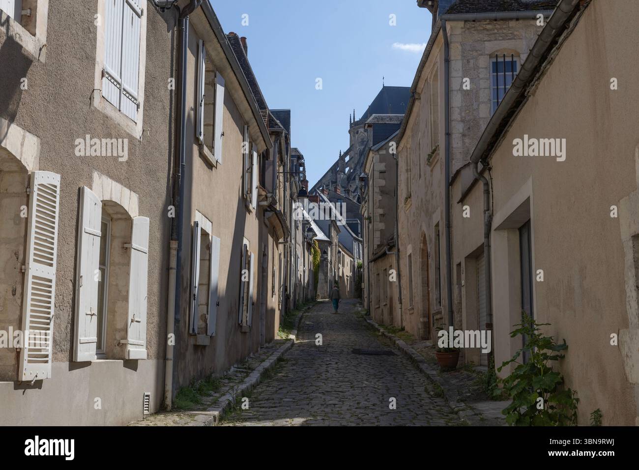 Vista su rue des Juifs verso il lato nord-est della cattedrale gotica di Saint Etienne a Bourges, Francia. Foto Stock