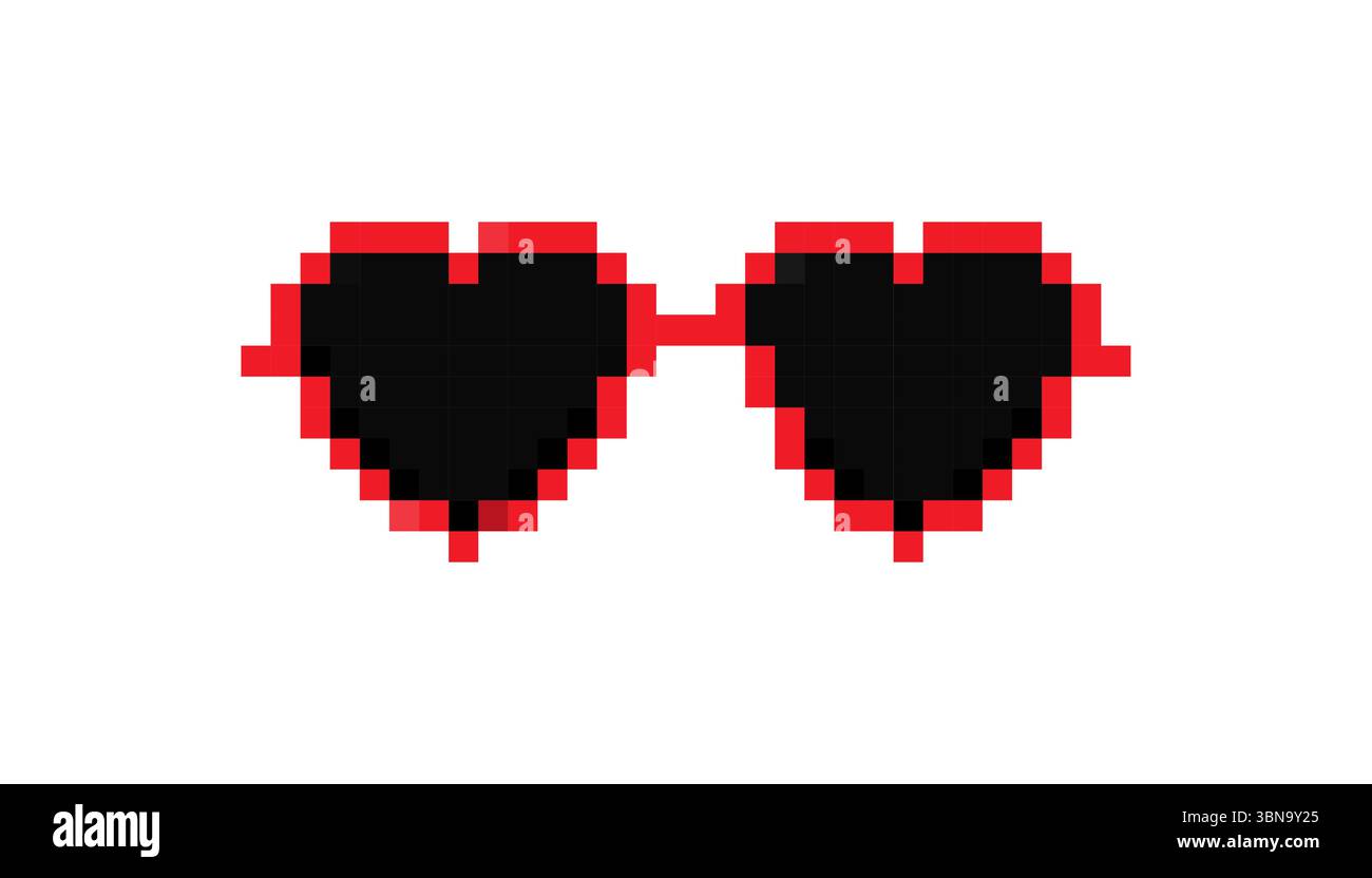 Occhiali da sole a forma di cuore in pixel a mosaico in stile retrò a 8 bit per un design divertente e nostalgico Illustrazione Vettoriale