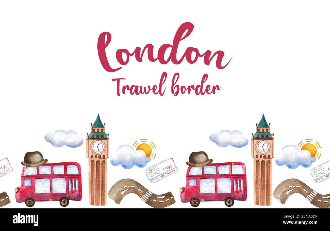 Bordo senza cuciture. Collezione natalizia di elementi ad acquerello disegnati a mano con simboli britannici. Illustrazioni Big Ben, cartello Abbey Road, autobus a due piani, Foto Stock