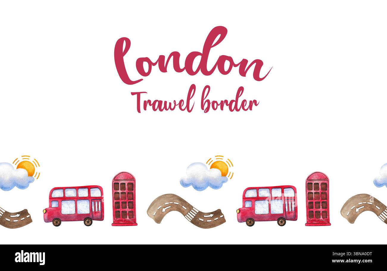 Bordo senza cuciture. Collezione natalizia di elementi ad acquerello disegnati a mano con simboli britannici. Illustrazioni Big Ben, cartello Abbey Road, autobus a due piani, Foto Stock