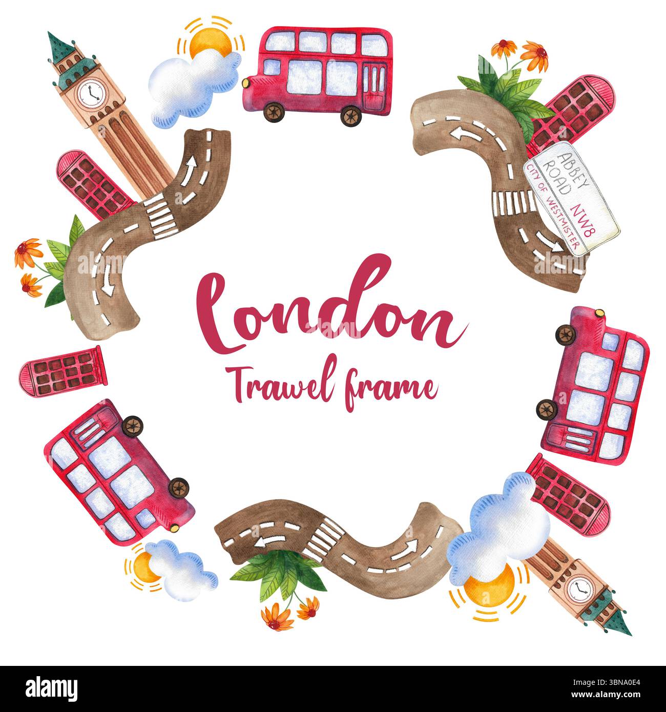 Cornice festosa di elementi ad acquerello disegnati a mano con simboli britannici. Illustrazioni del Big Ben, cartello di Abbey Road, autobus a due piani, cassetta telefonica Foto Stock