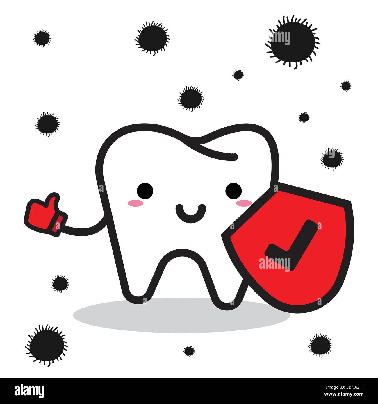 La mascotte del potere dei denti sta bloccando i germi che distruggeranno i denti. modello di cura dentale senza soluzione di continuità Illustrazione Vettoriale