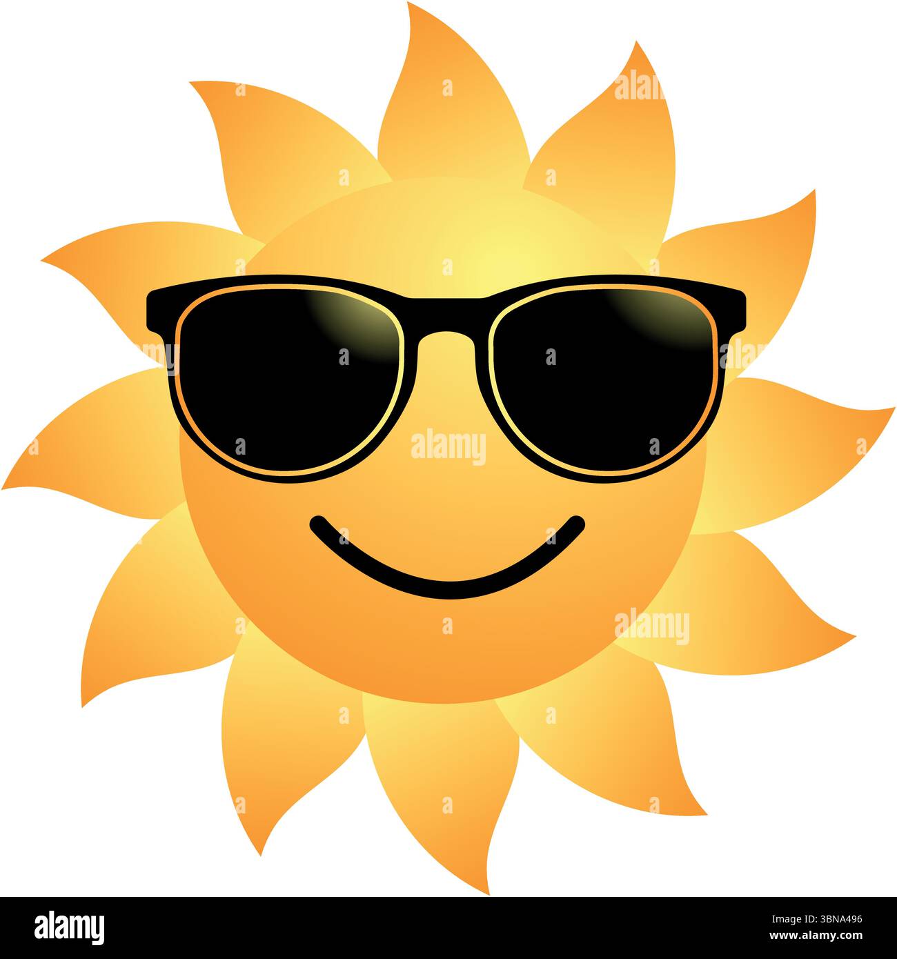 Sole con occhiali da sole isolati su sfondo bianco, elemento grafico estivo o natalizio Illustrazione Vettoriale