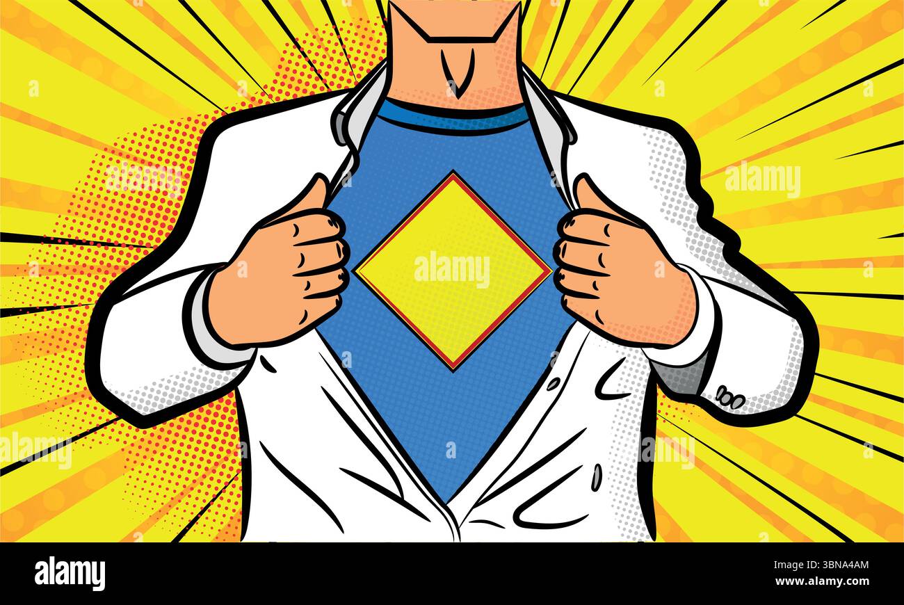 Camicia di apertura Super Hero Character in un cartoni animati in stile pop art retrò con mezzitoni Illustrazione Vettoriale