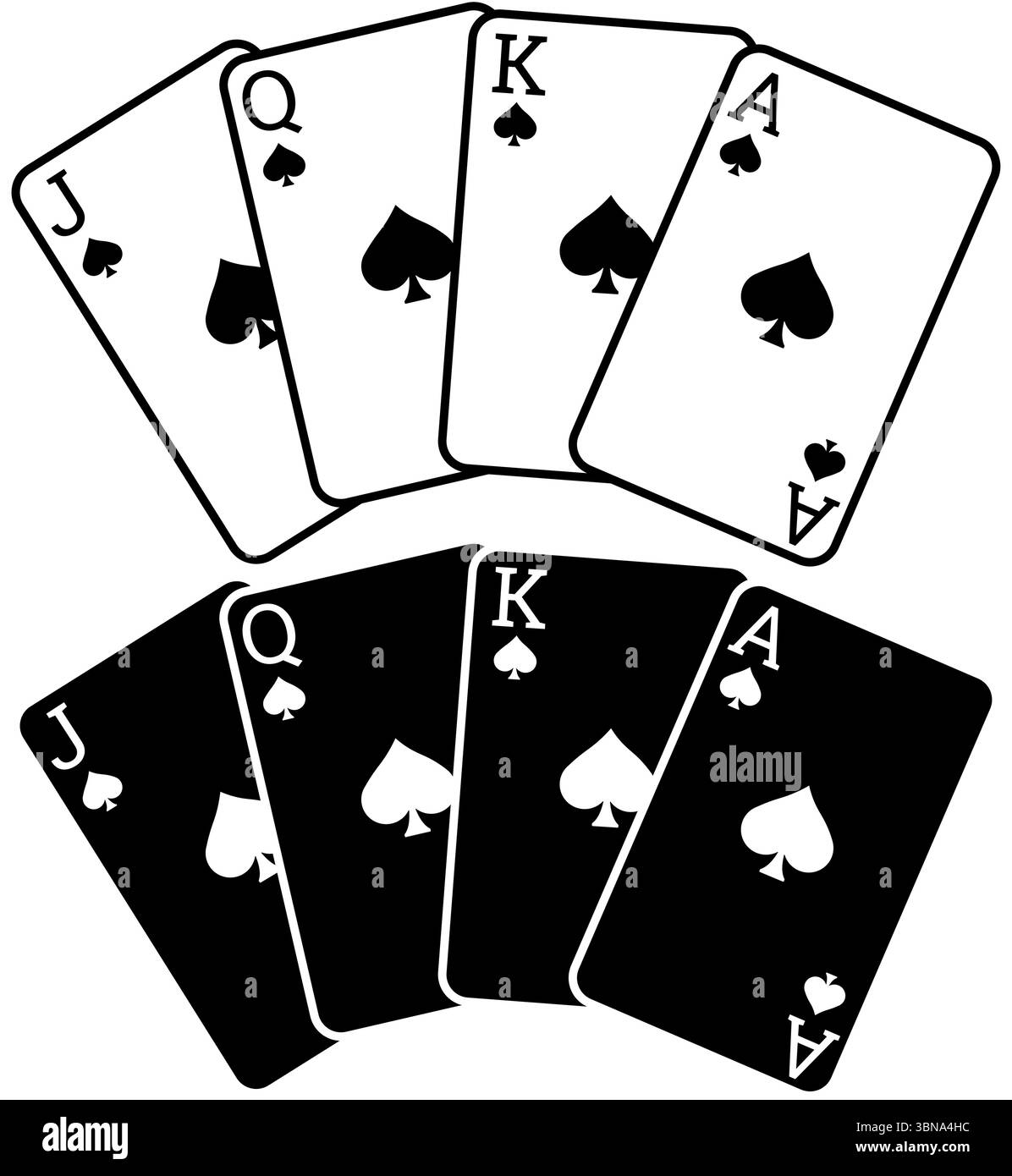 Carte da gioco, Jack queen king e asso in versione Black Outline o Black fill, gioco d'azzardo o elemento hobby Illustrazione Vettoriale