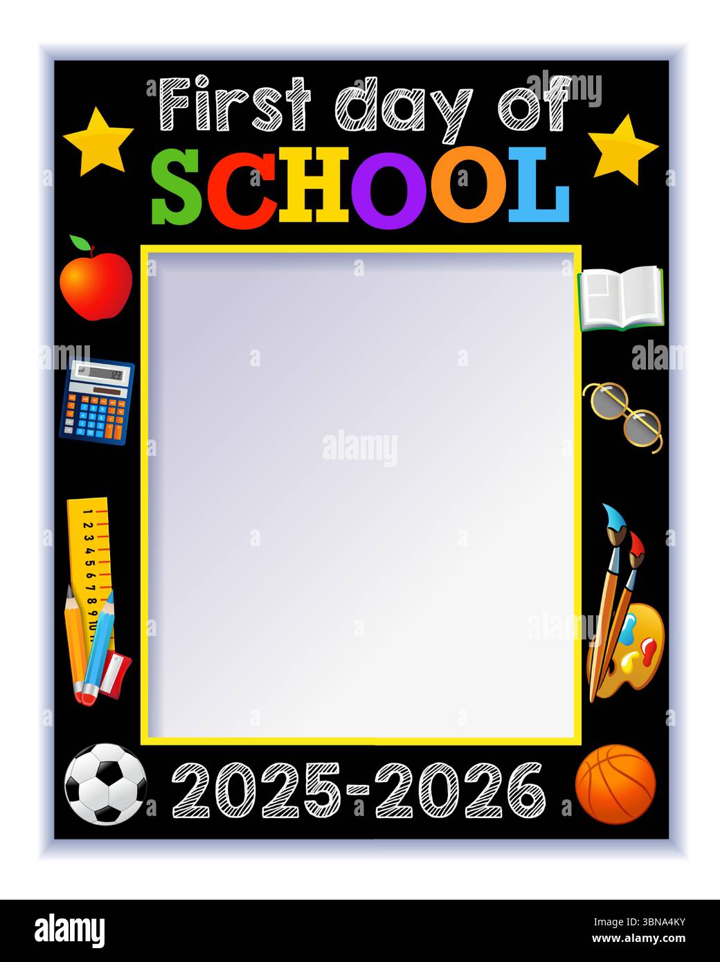Primo giorno di scuola 2025-2026, design del telaio dello stand fotografico. Modello creativo Back to School 2025 per album fotografico. Illustrazione vettoriale Illustrazione Vettoriale