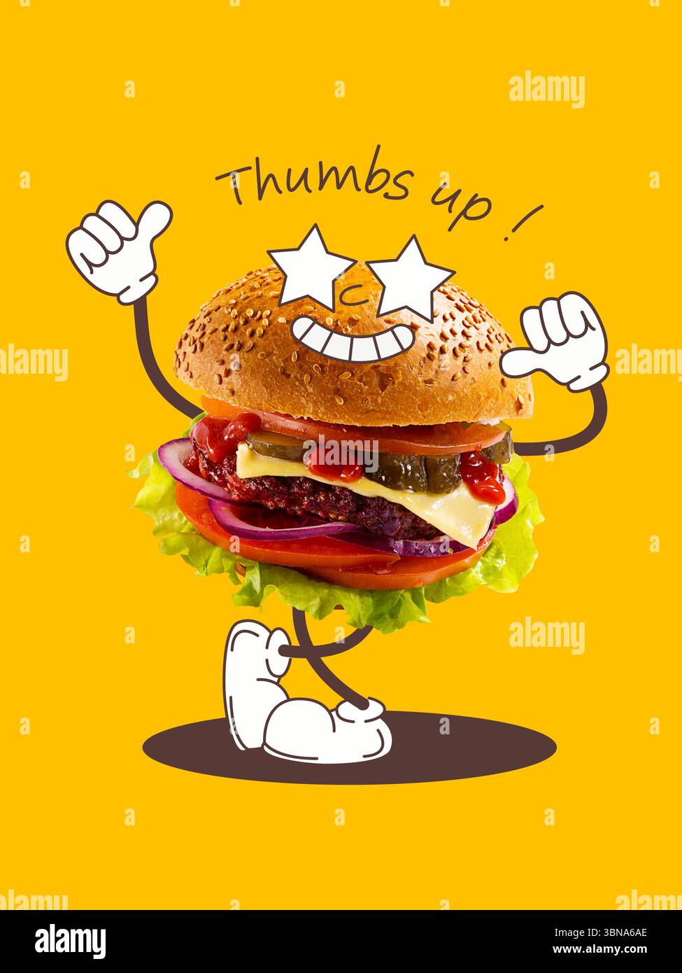 Allegro hamburger di cartoni animati con occhi stellati che danno i pollici su uno sfondo giallo brillante Foto Stock