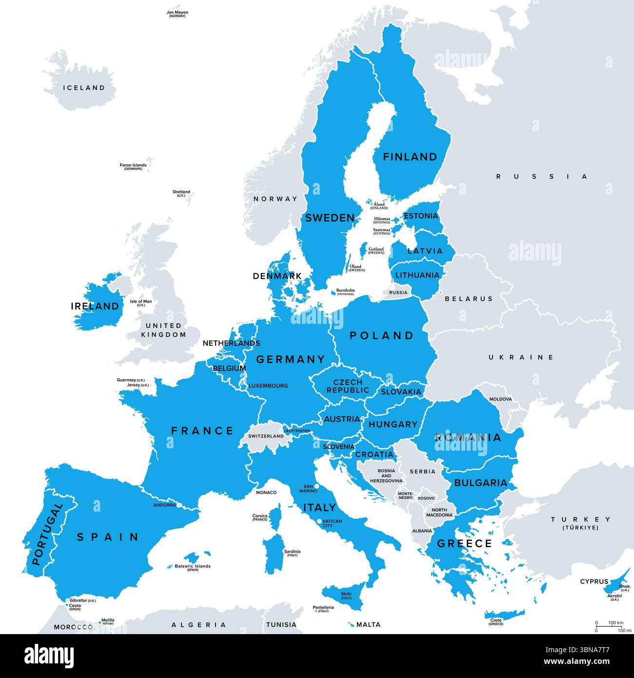 Unione europea, stati membri dell'UE, mappa politica. unione economica e politica di 27 stati membri, colorata in blu. Foto Stock