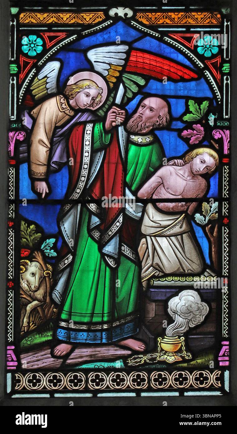 Dettaglio nella vetrata est di William Wailes, raffigurante l'angelo che interviene mentre Abramo sta per sacrificare Isacco, la chiesa di Sant'Andrea, Foto Stock