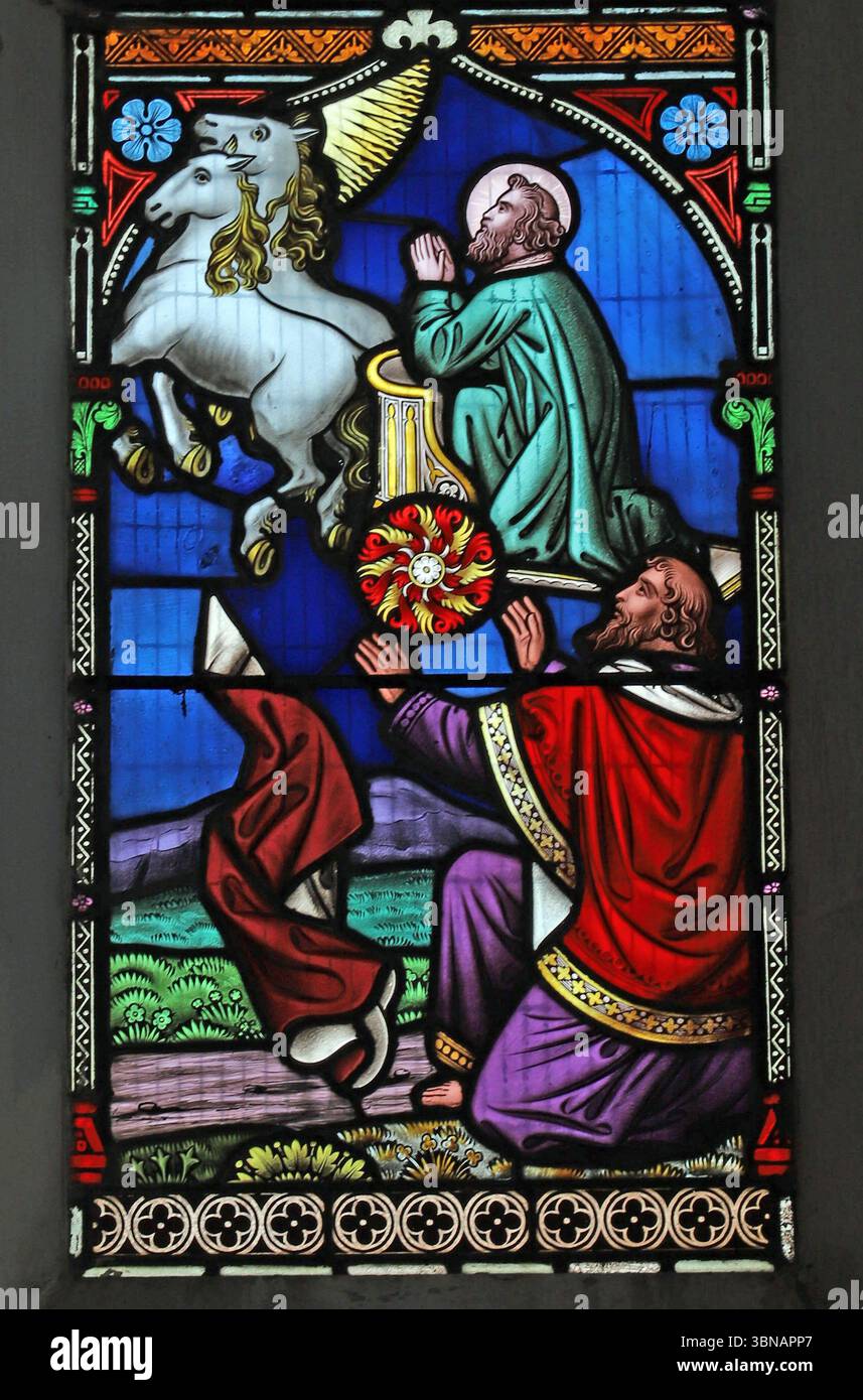 Dettaglio nella vetrata est di William Wailes, raffigurante Elia che sale al cielo in un carro, la chiesa di Sant'Andrea, West Bradenham, Norf Foto Stock
