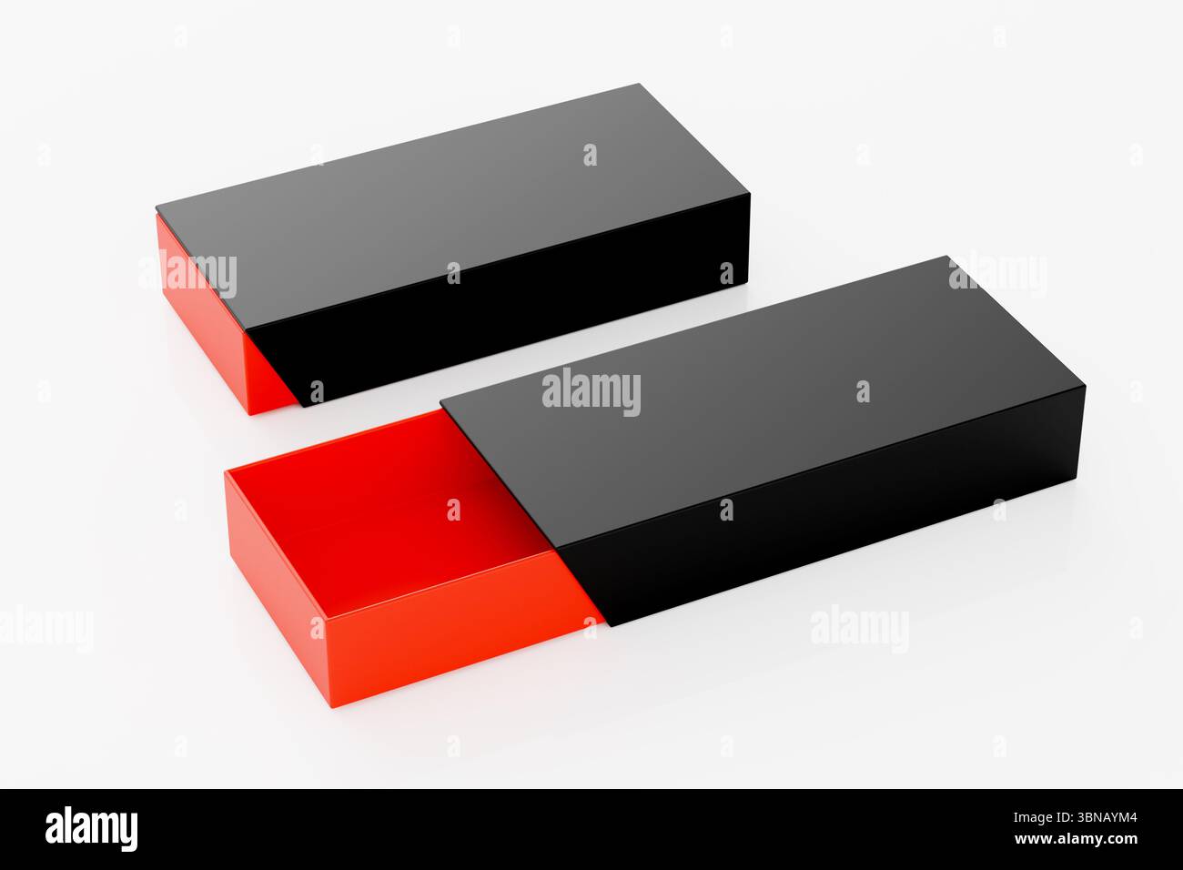 Mockup design scatola scorrevole vuota su sfondo bianco - rendering illustrazione 3D. Foto Stock