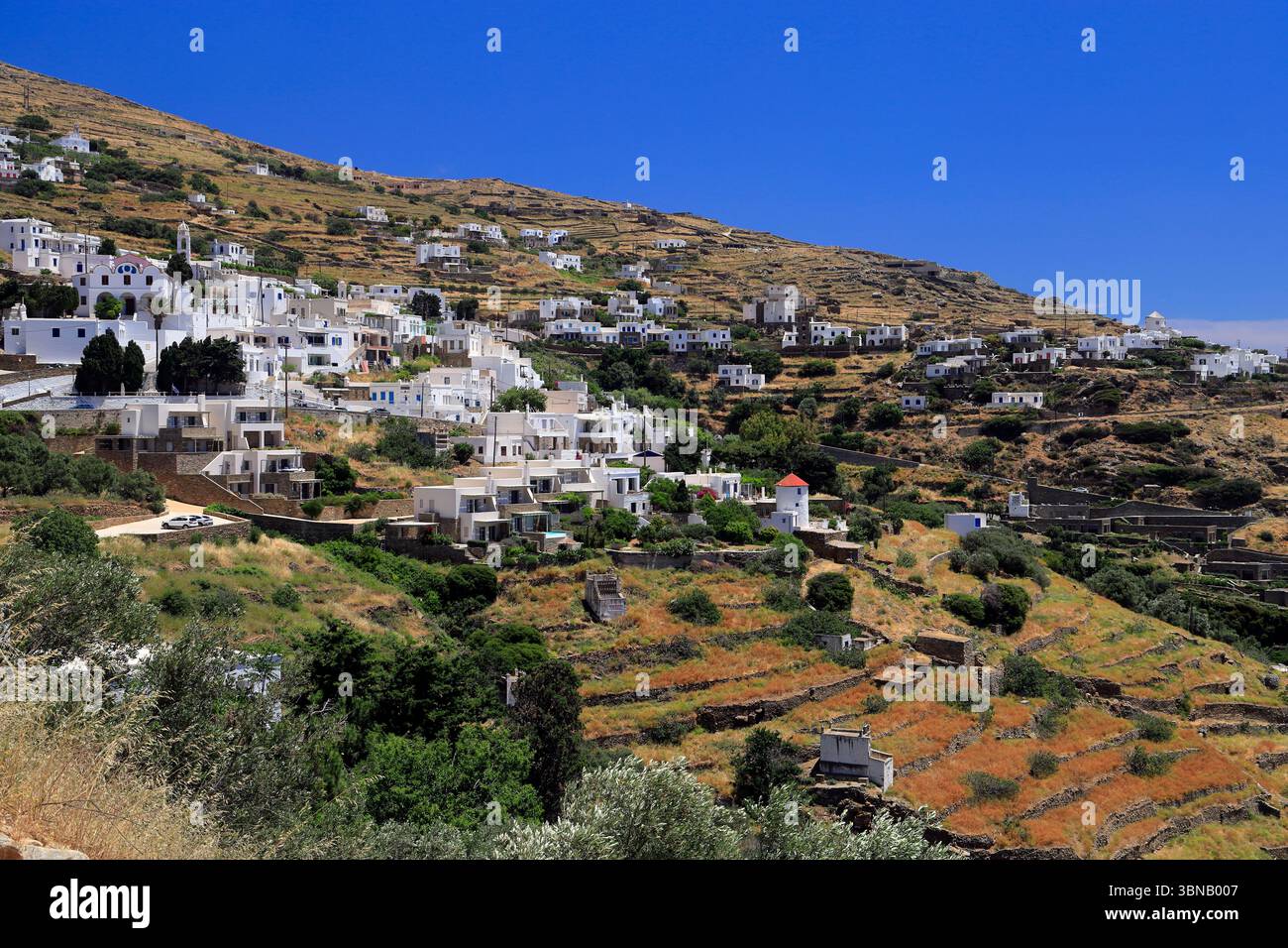 Villaggio di montagna di Triantaros, Tinos, Isole Cicladi, Grecia. Foto Stock