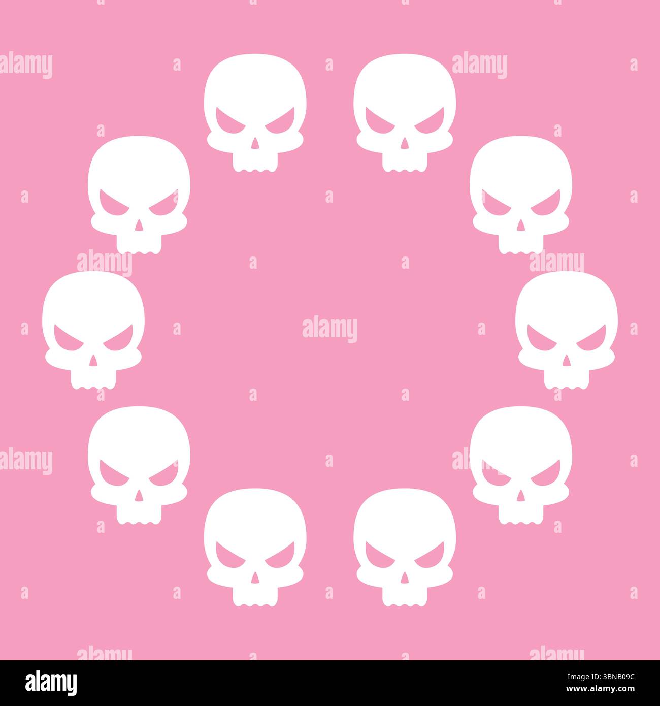Struttura rotonda di teschi Design per Halloween. Illustrazione piatta vettoriale isolata su sfondo rosa. Illustrazione Vettoriale