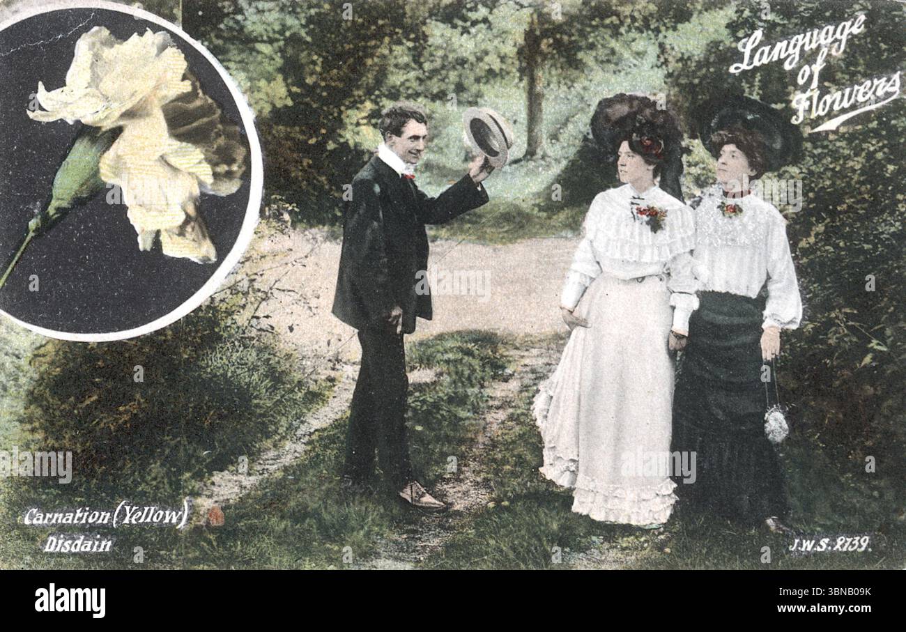 Un uomo punta il suo cappello a due donne in un giardino, tutte vestite in stile edoardiano. Sopra, "lingua dei fiori" è inciso accanto a un garofano giallo etichettato "disprezzo". La cartolina (JWS 8139) mescola il rituale sociale con il simbolismo floreale in una scenografia teatrale. Da una cartolina originale pubblicata da Joseph Welch e figli di Portsmouth, intorno al 1905. Foto Stock