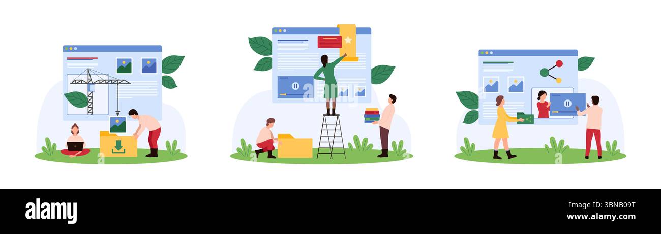 Contenuto pagina Web, impostazione gestione opzioni. Le persone più piccole aggiungono file multimediali alla pagina Web, caricano video e immagini sul server, gestiscono i segnalibri preferiti del sito Web nell'illustrazione vettoriale della finestra del browser Illustrazione Vettoriale