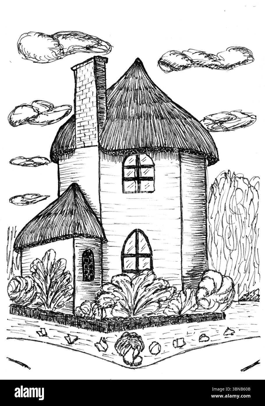 Questo incantevole schizzo vettoriale ritrae un rustico cottage di paglia sotto un cielo di pioggia, circondato da vegetazione lussureggiante e foglie sparse. La scena accogliente Foto Stock